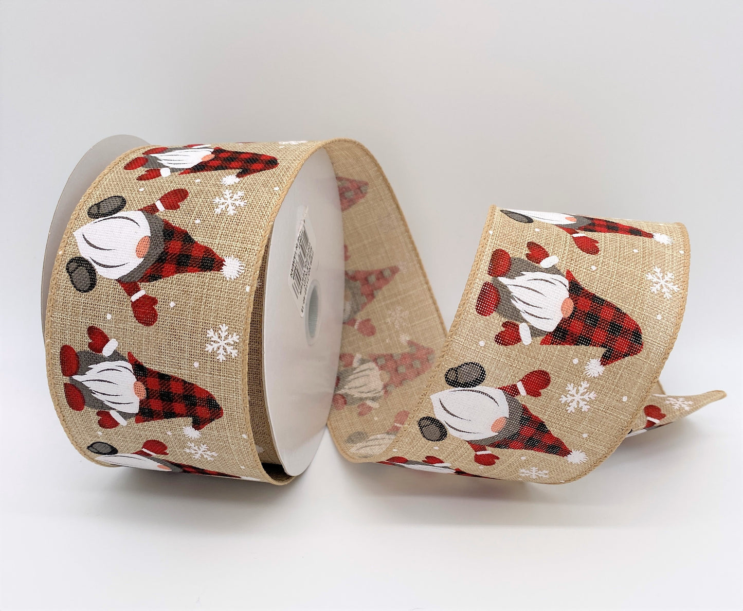 Winter Gnomes, Natural, Buffalo Plaid, Snowflakes, Ribbon, Wired Edges, Canvas, 2.5" X 10 Yards