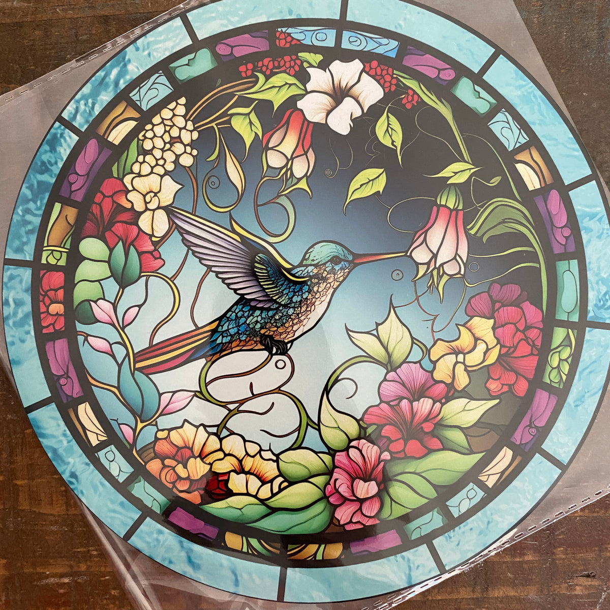 BLEMISHED Sign, Hummingbird Sign, Stain Glass Print, 8" UV Metal Round Sign, No Holes