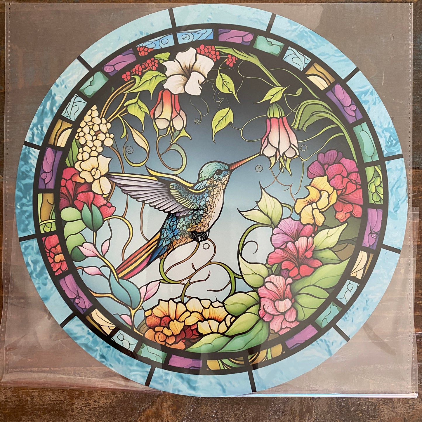 BLEMISHED Sign, Hummingbird Sign, Stain Glass Print, 10" UV Metal Round Sign, No Holes