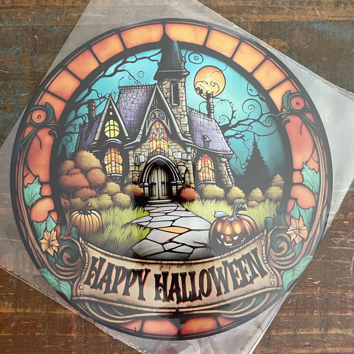 BLEMISHED Sign, Happy Halloween, Haunted House Sign, Welcome Friends, 8" UV Metal Round Sign, No Holes