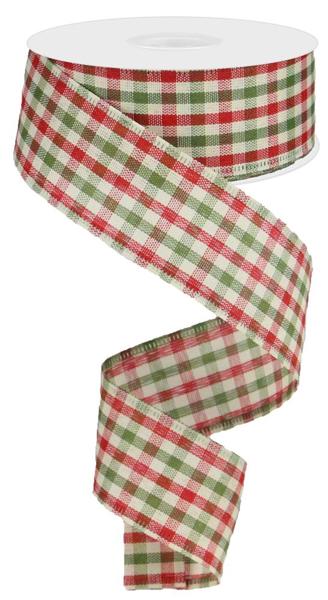 Primitive Gingham Check, Red, Moss, Ivory, Wired Ribbon, 1.5" X 10 YD, RG013202F