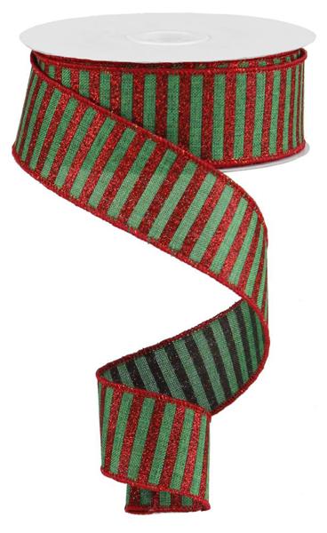 Glitter Stripes, Emerald Green, Red, Wired Ribbon, 1.5" x 10 Yards, RG0168806