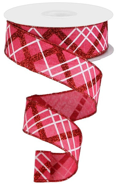 Glitter Plaid On Royal, Hot Pink, Red, White, Wired Ribbon, 1.5" X 10YD, RGA124711