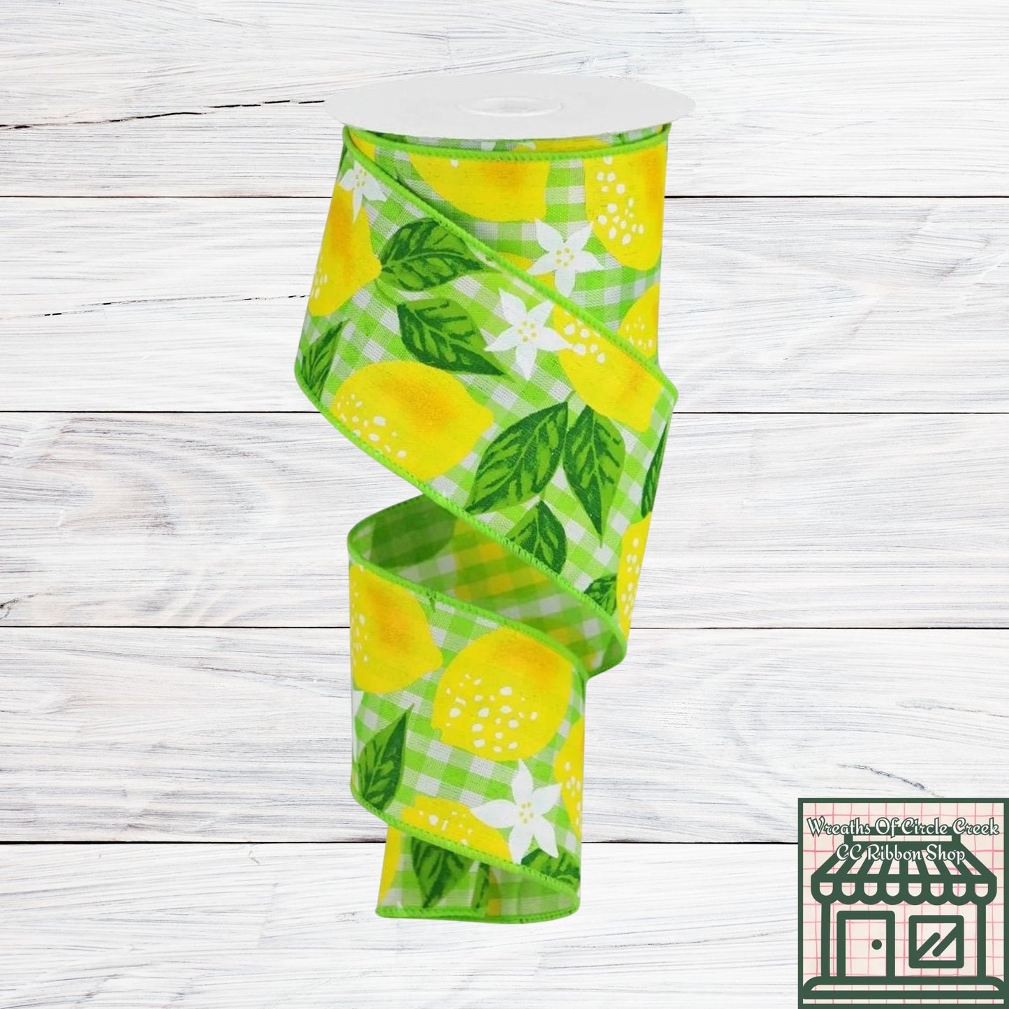 Lemons On Green & White Check, Woven, Wired Ribbon, 2.5" x 10 Yards, RGA1853RY
