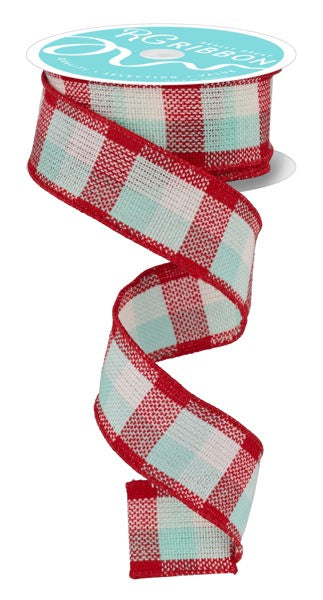 Red, Ice Blue, White, Woven, Plaid, Flannel Texture, Wired Ribbon, 1.5" X 10 YD, RGA1924H1