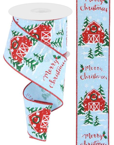 Merry Christmas, Barn, On Royal, Pale Blue, Red, White, Green, Glitter, Wired Ribbon, 2.5" X 10YD, RGB107614