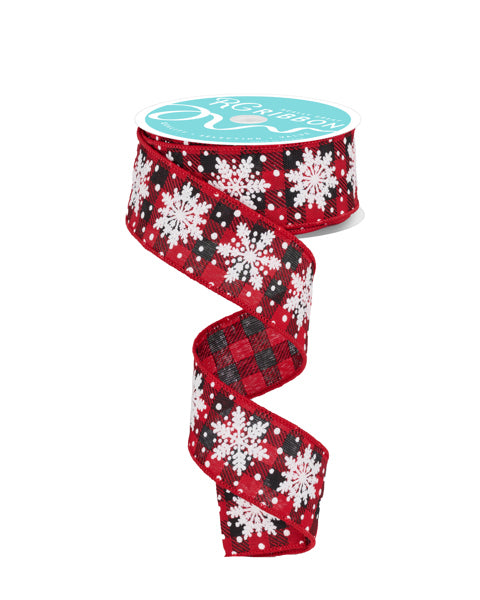Glitter Snowflakes, Buffalo Plaid, Red, Black, White, Wired Ribbon, 1.5" X 10YD, RGF1063CM