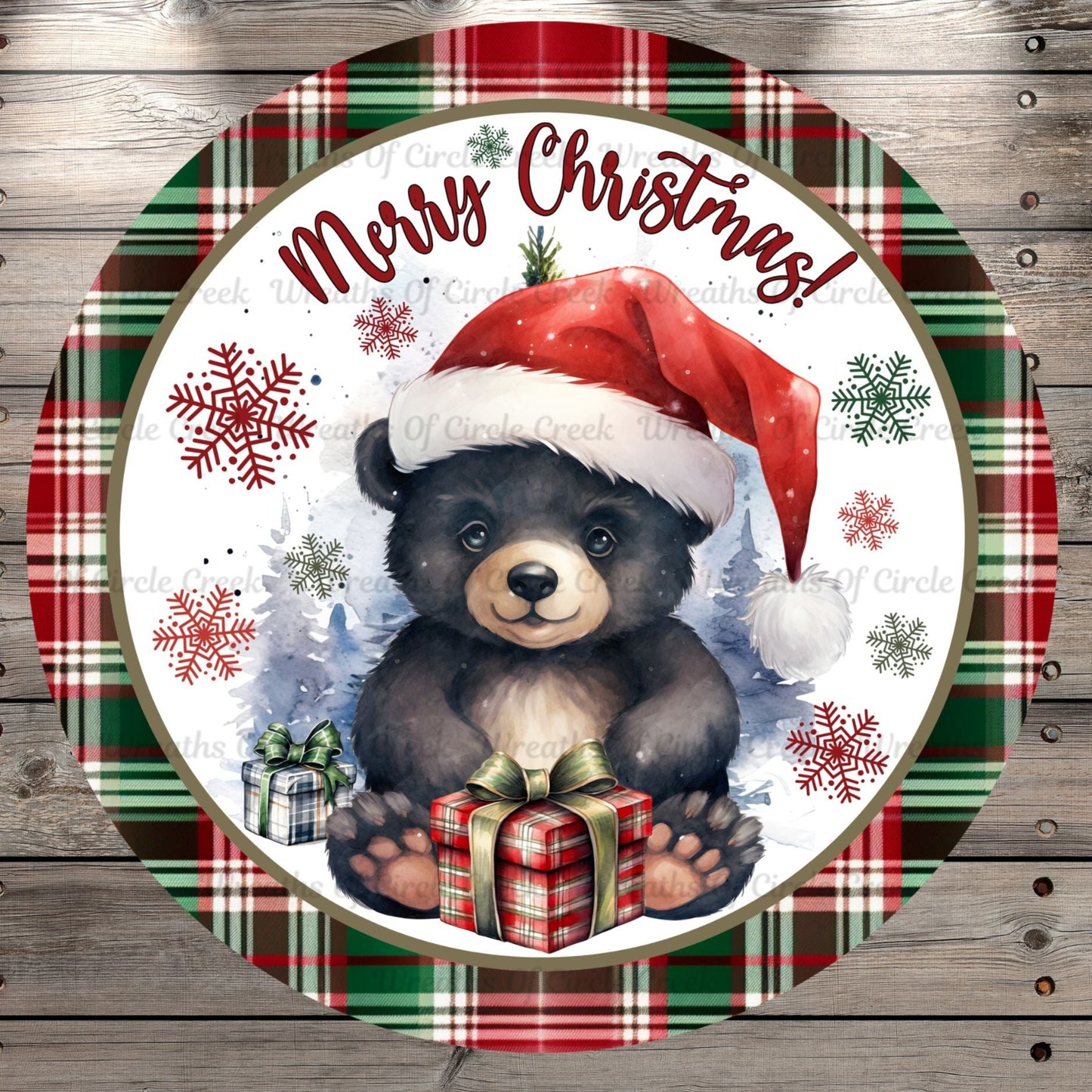 Black Bear, Merry Christmas, Plaid, Snowflakes, Winter, Round, Light Weight, Metal Wreath Sign, No Holes