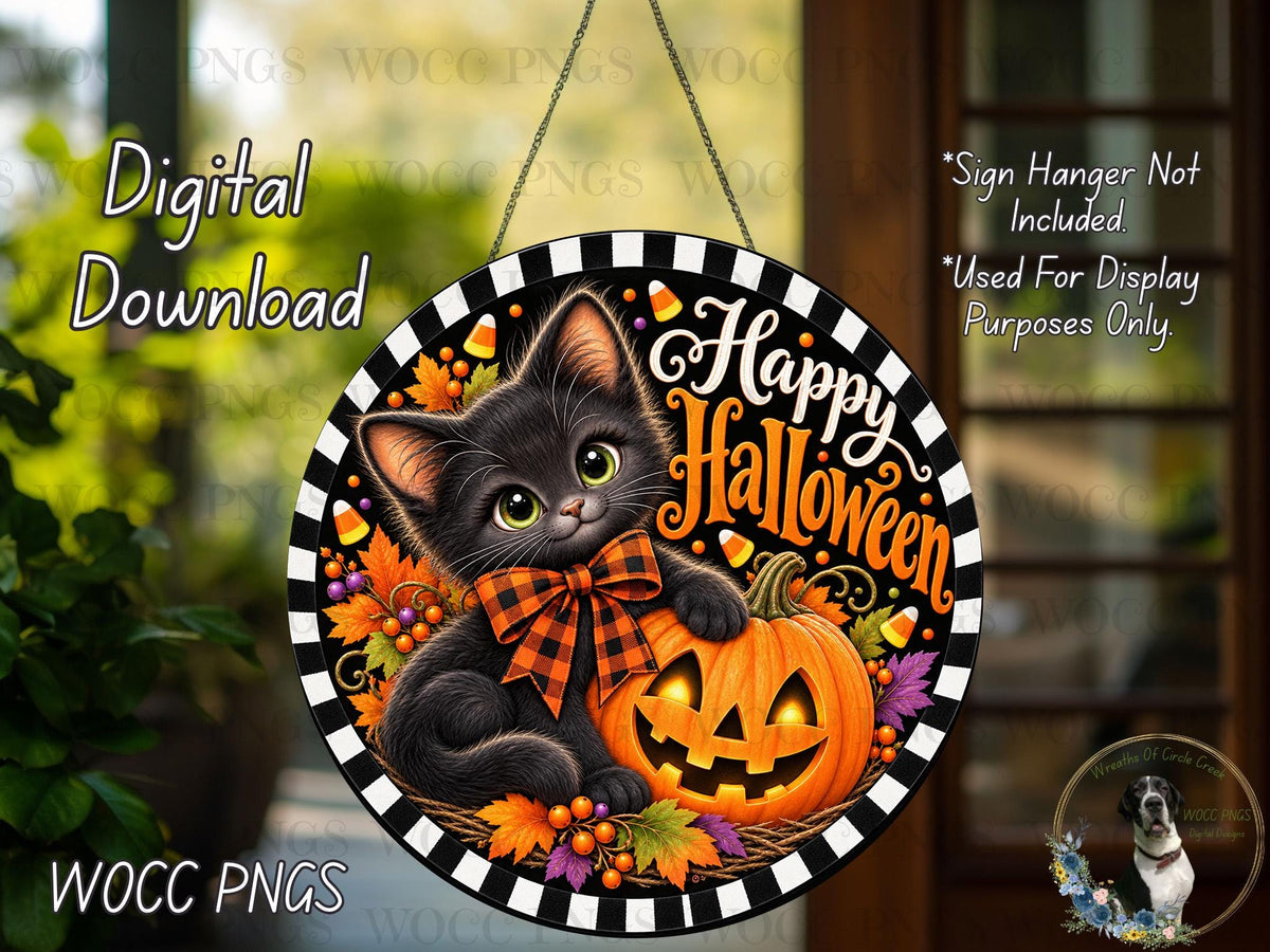 A digital download of a Halloween-themed sign featuring a black cat sitting on a carved pumpkin, surrounded by autumn leaves and candy corn.