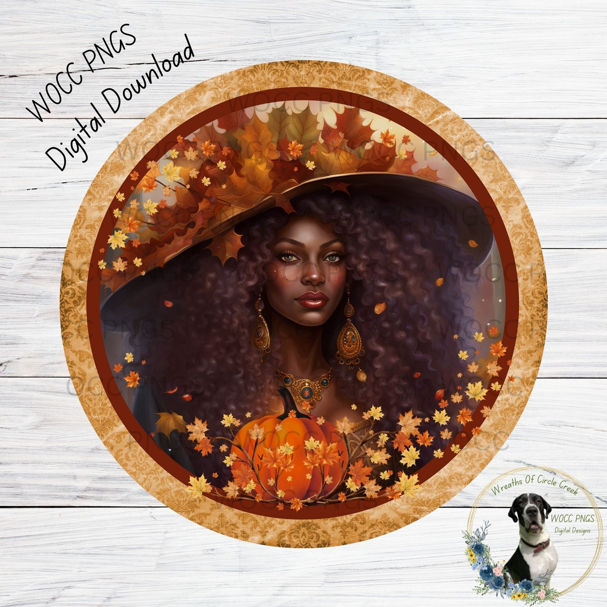 Mystical, Fall Women, African American, Pumpkin, Fall Leaves, Gold, Orange, Burgundy, Round, PNG, Sublimation, Printable, DIGITAL DOWNLOAD