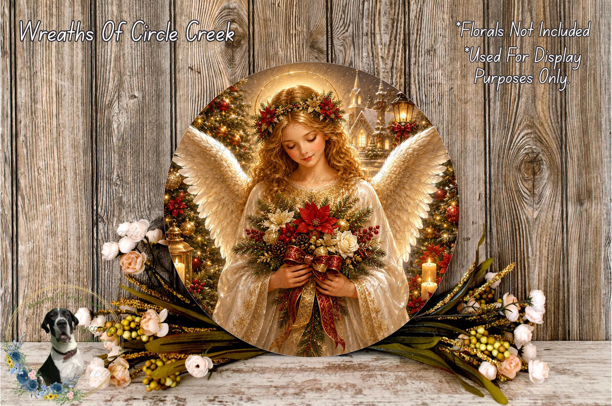 A round, decorative print featuring an angel holding a bouquet of flowers, surrounded by a wreath of flowers and greenery, against a wooden background.