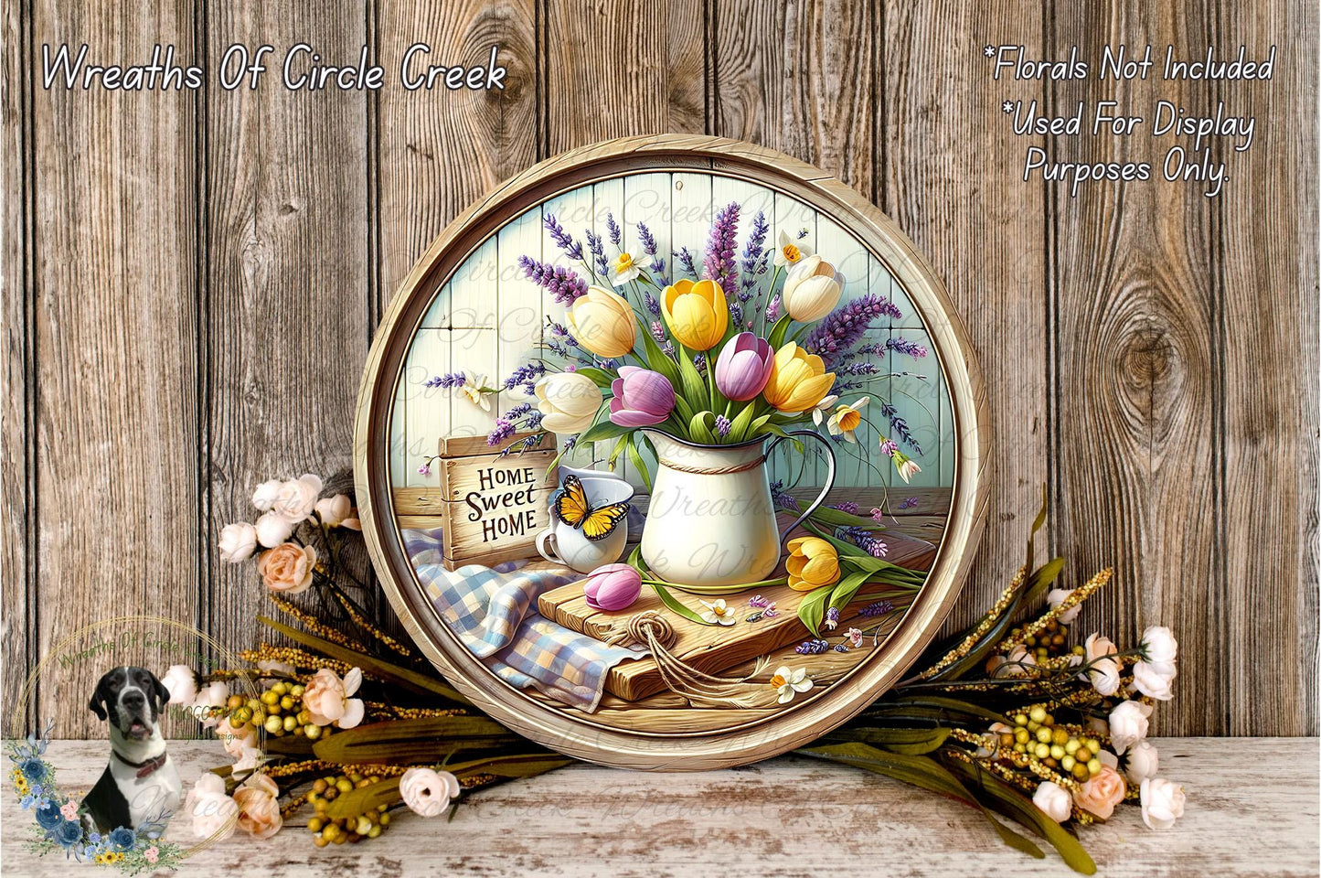 A round wooden frame displaying a painting of a vase filled with colorful flowers, including tulips and lavender, against a rustic wooden background.