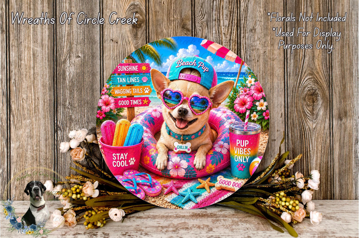 A colorful and whimsical image featuring a small dog wearing sunglasses and a hat, sitting on a beach-themed float surrounded by beach-related items such as a beach ball, sunglasses, and a cup with a straw.