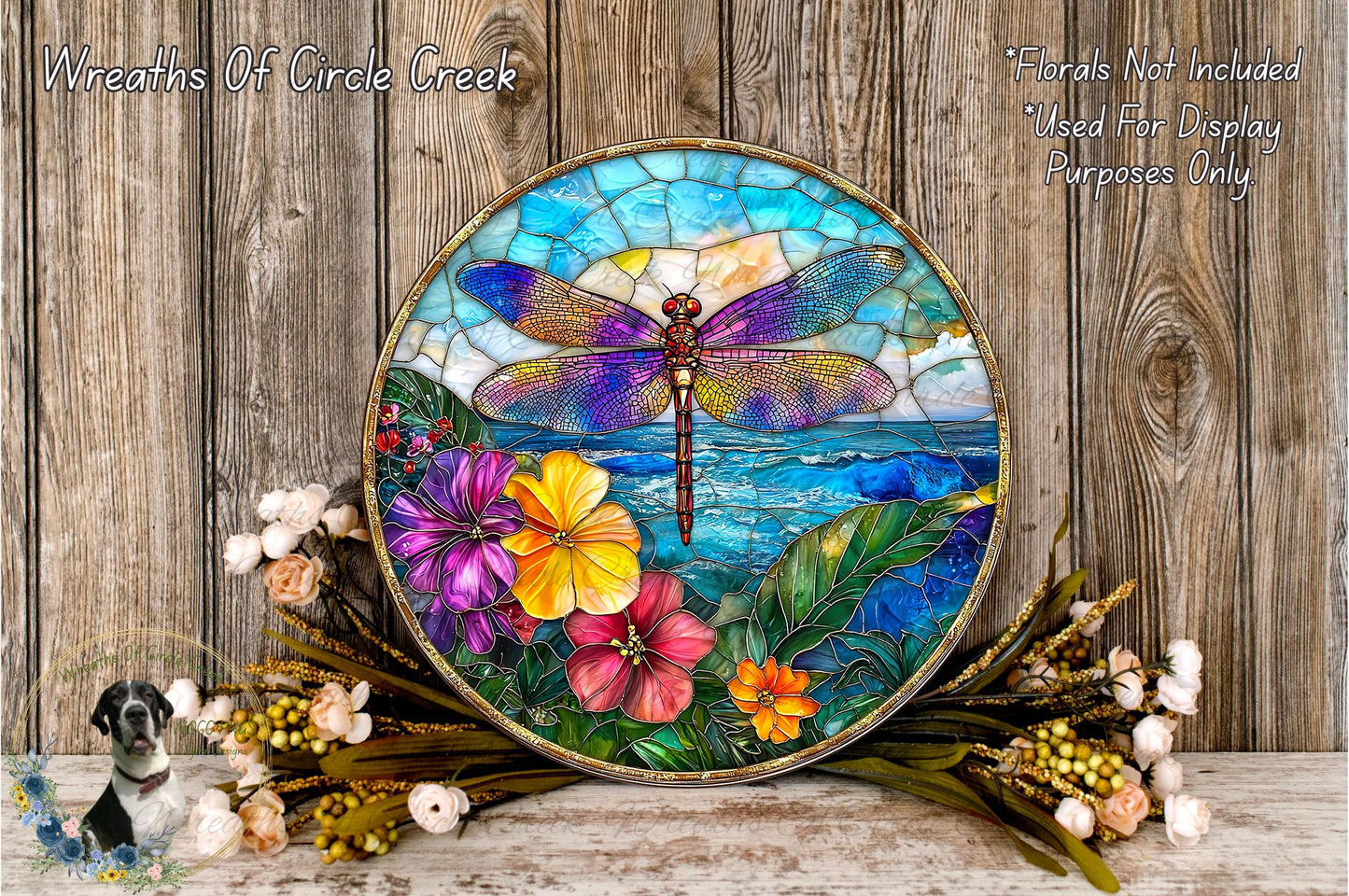 a vibrant stained glass-style artwork depicting a dragonfly surrounded by colorful flowers and foliage, set against a backdrop of a serene body of water and sky.