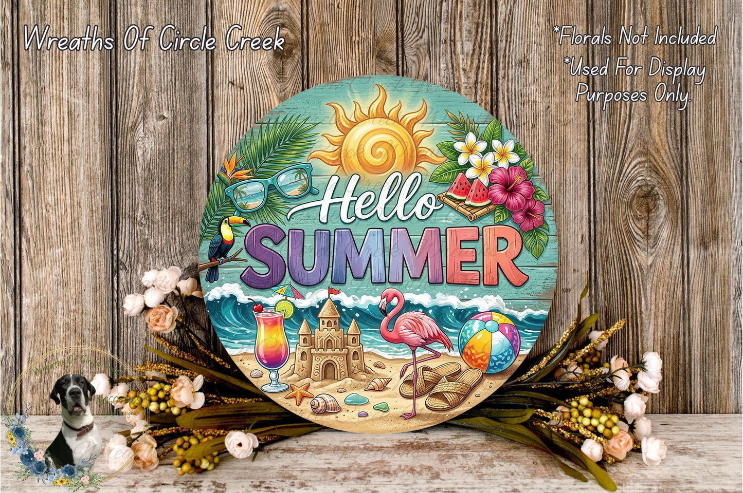 a round wooden sign with a beach scene and various summer-themed elements, including a sun, palm tree, flowers, and a beach umbrella. The sign has the text "Hello Summer" written on it.