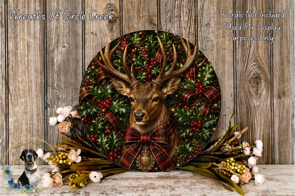 A decorative deer head with antlers is surrounded by a festive wreath of red berries, greenery, and a bow, set against a rustic wooden background.