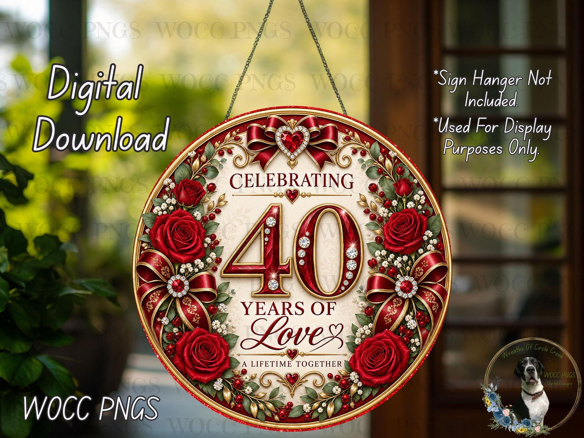 The image is a digital download of a sign celebrating 40 years of love, featuring a large number "40" surrounded by red roses and greenery.