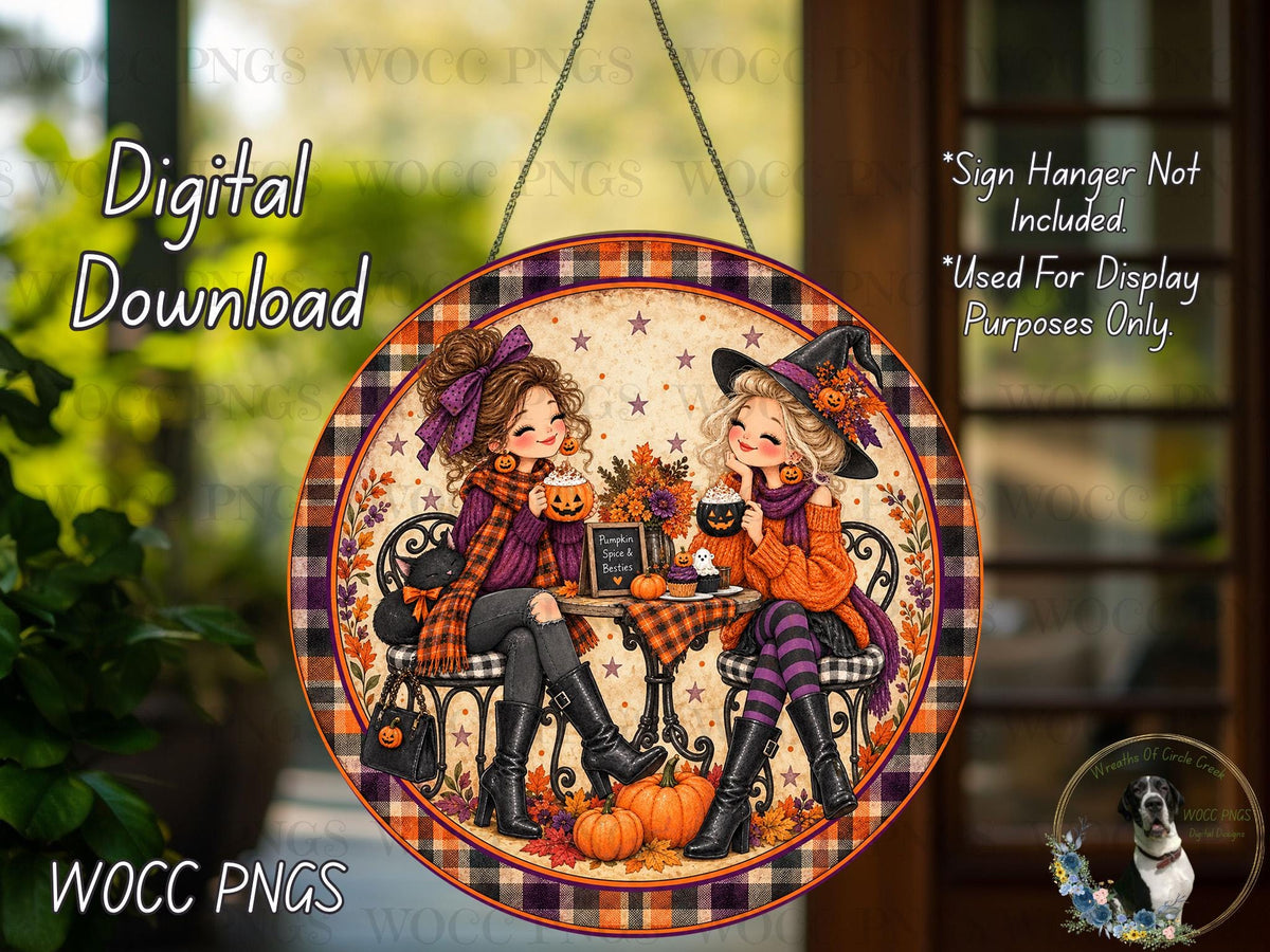 The image is a digital download of a Halloween-themed illustration featuring two women sitting at a table with pumpkins, cups, and a dog.