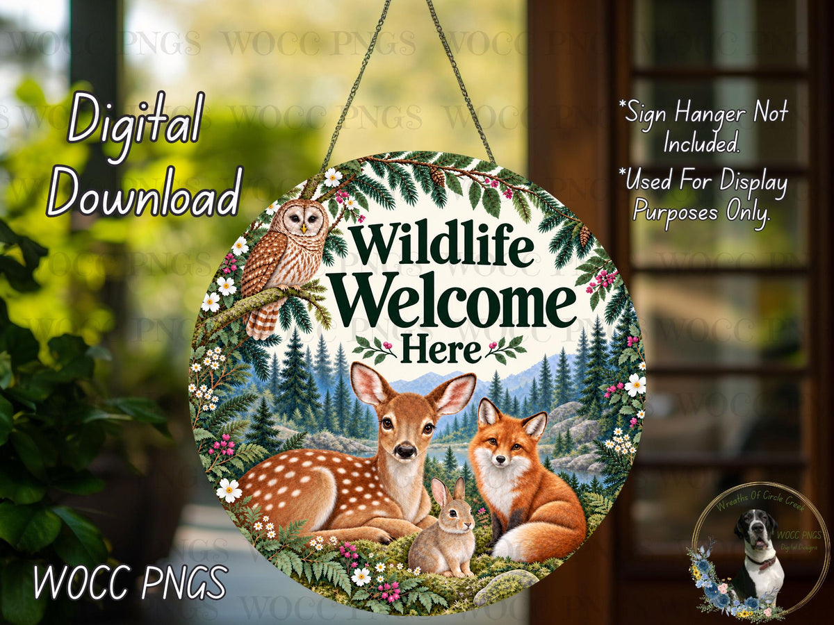 The image is a digital download of a wildlife welcome sign featuring an owl, deer, fox, and rabbit in a forest setting.