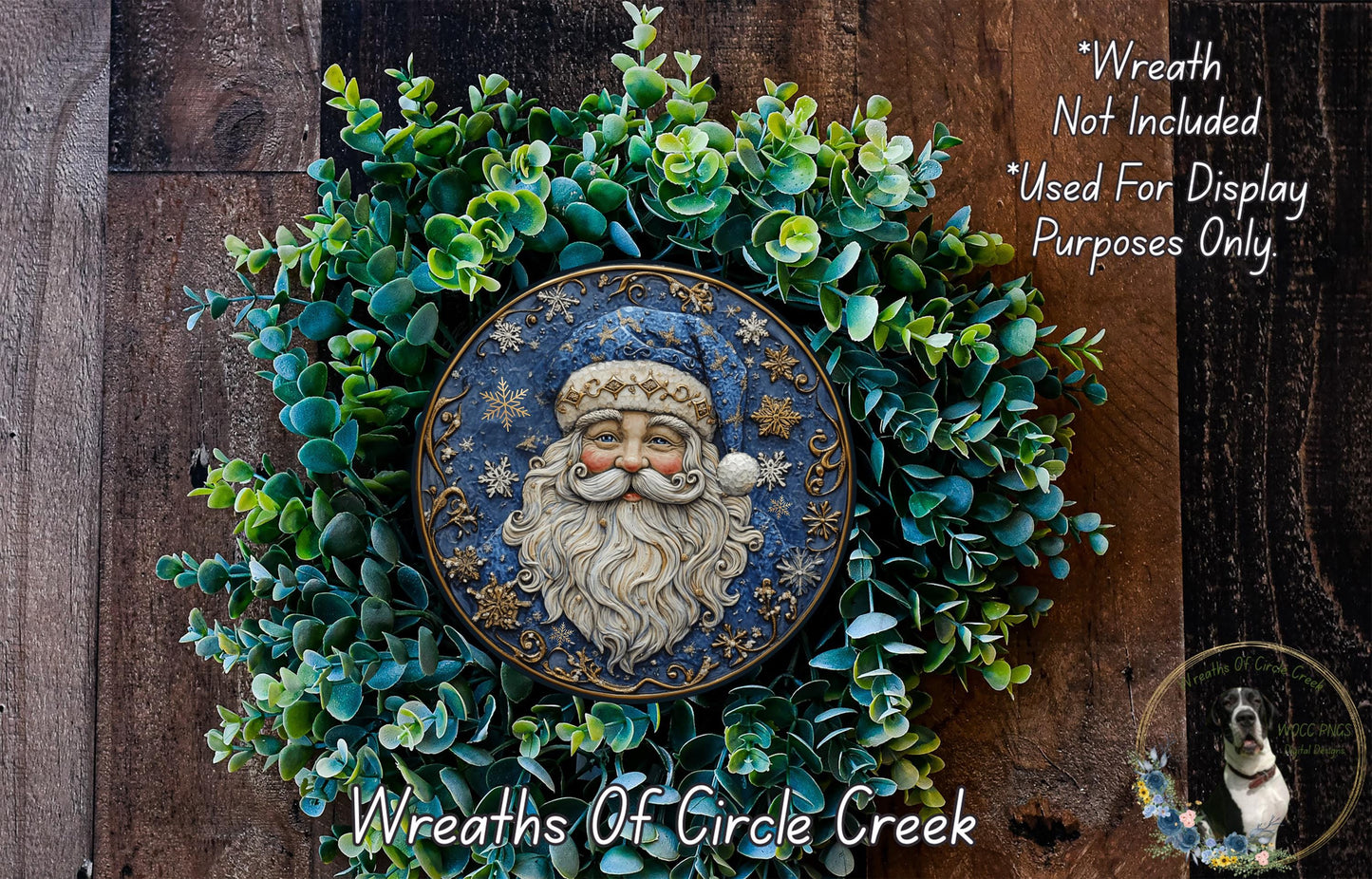 a wreath with a picture of a santa clause on it