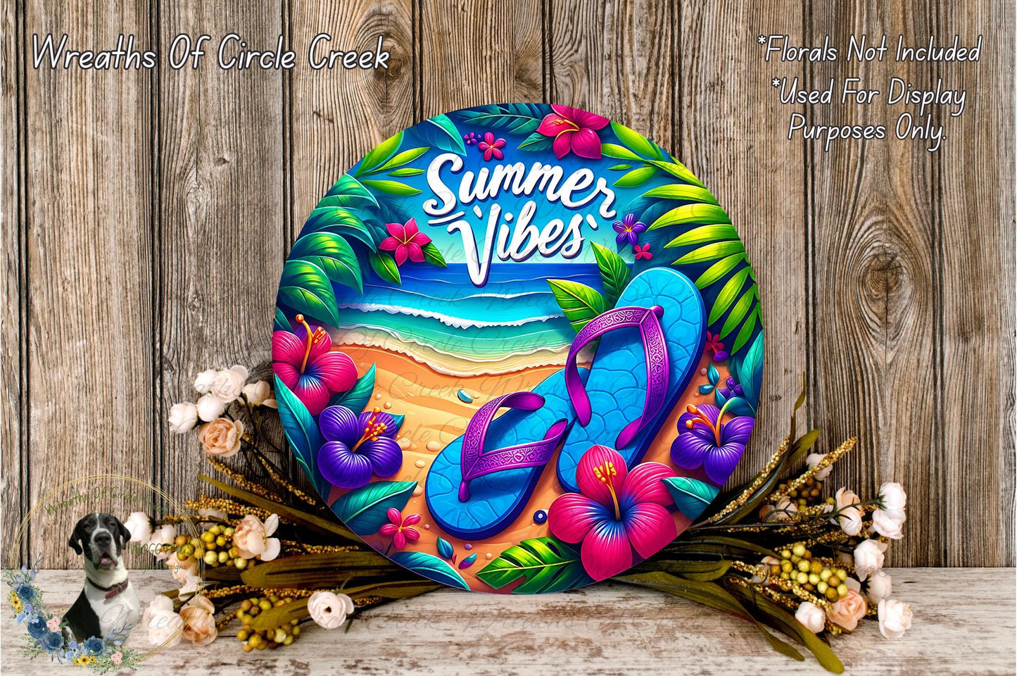 a vibrant and colorful wreath with a beach scene, including a pair of flip-flops, flowers, and a wooden background.