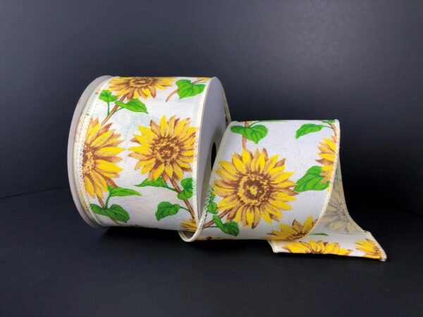Sunflowers, Ivory, Yellow, Green, Canvas, Wired Edges, 2.5" X 10 YD