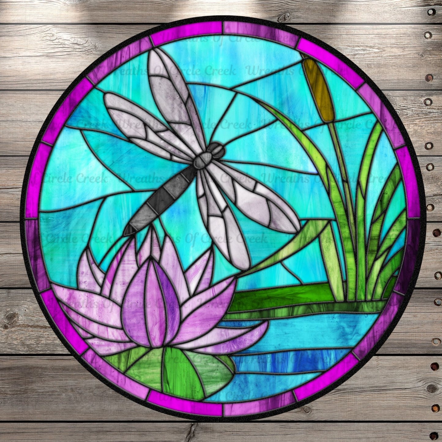 Dragonfly, Stain Glass Print, Round, Light Weight, Metal Wreath Sign, No Holes