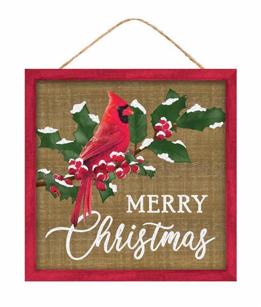 Merry Christmas With Cardinal, Iridescent Glitter, MDF, Wreath, Sign, 10" SQ., Tan, Red, Green, White, AP8999