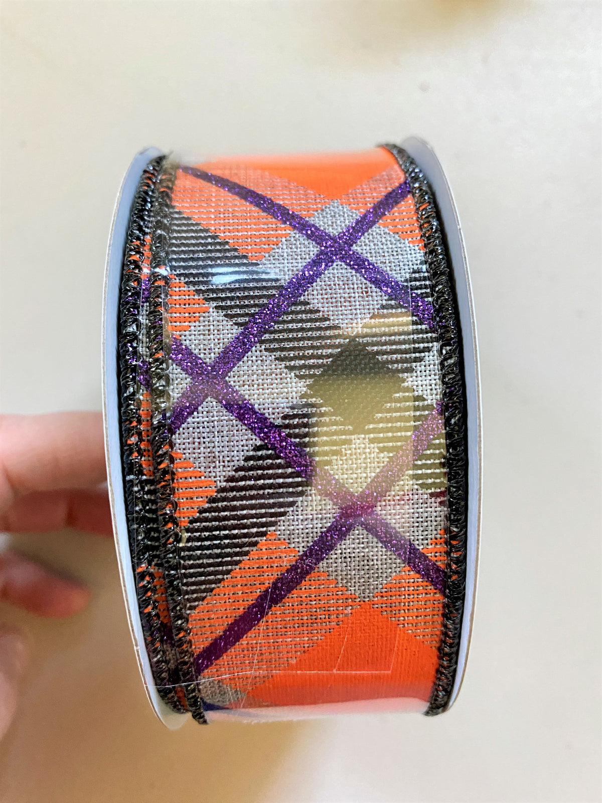 Glitter Plaid On Royal, Wired Ribbon, Light Grey, Purple, Orange, 1.5" X 10YD, RGA 120110