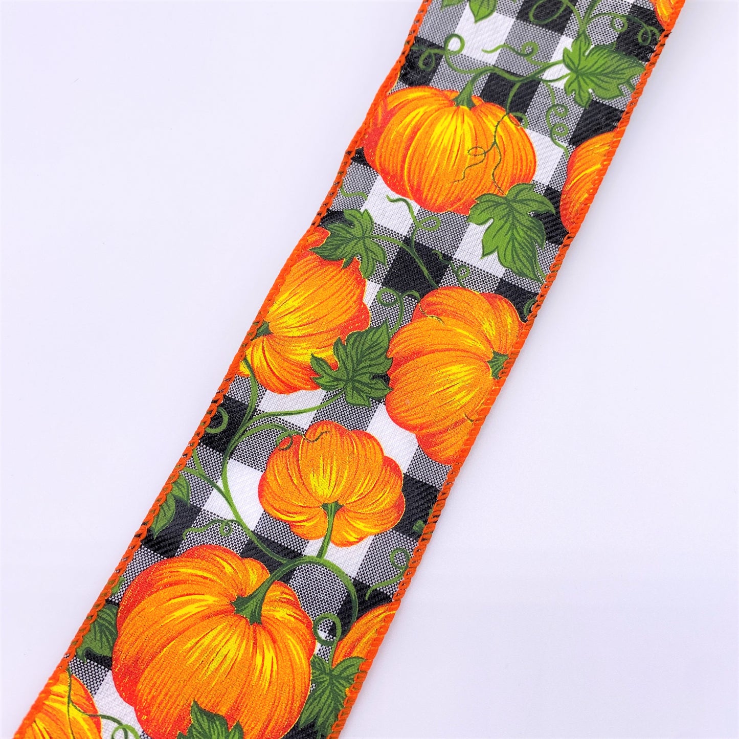 Cut at 3 Yard Increments, Buffalo Plaid, Orange Pumpkins, Black and White, Wired Edged Ribbon, 2.5" X 3YD
