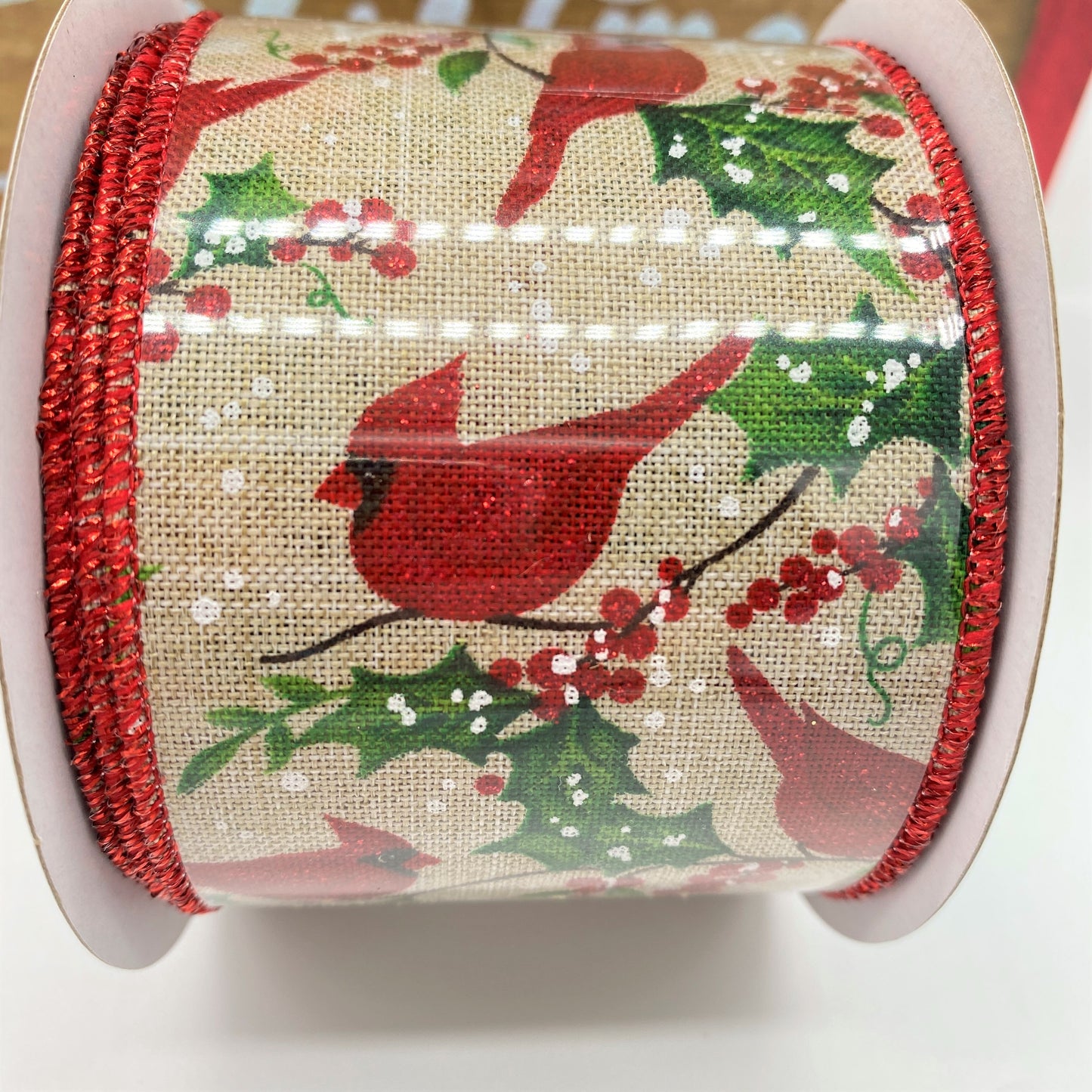 Cardinal, Holly, Berries, Canvas, Wired Ribbon, 2.5" X 10 YD, RGE1531JW