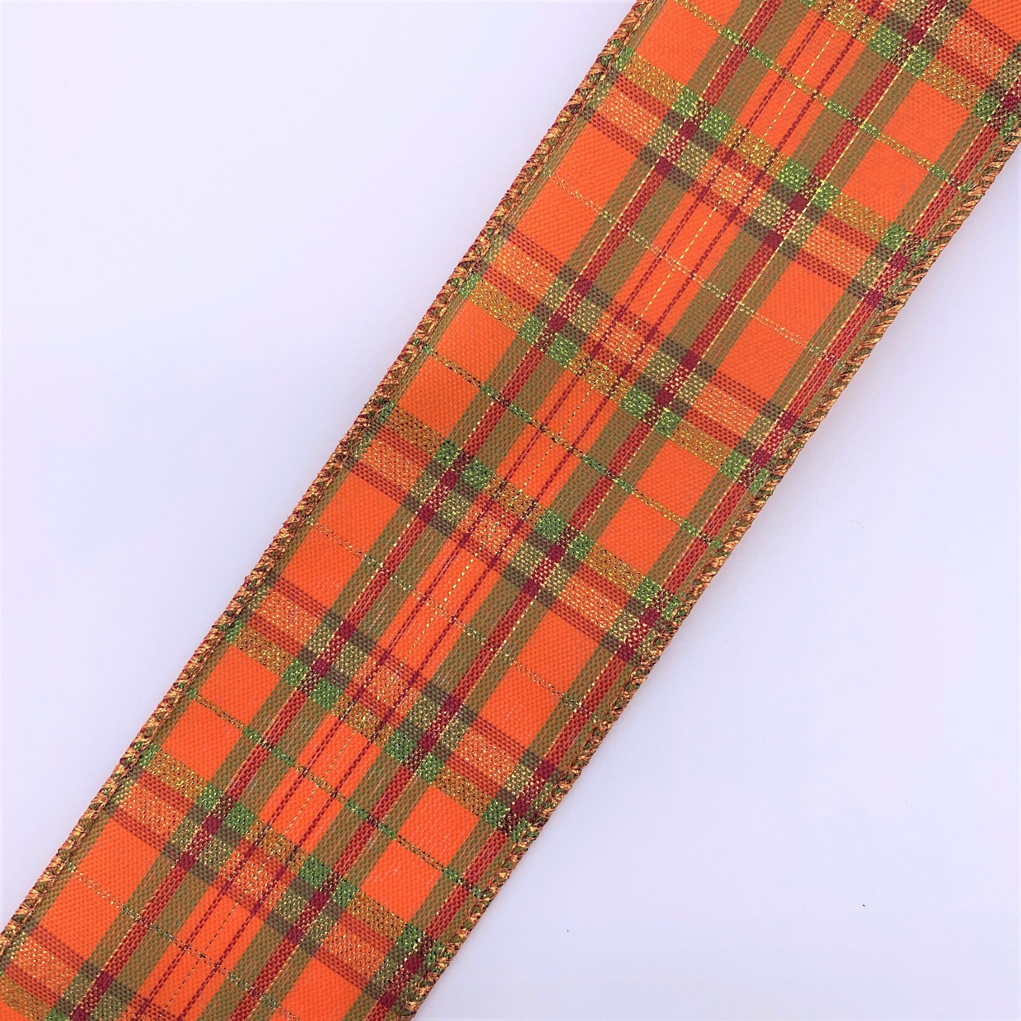 Cut at 3 Yard Increments, Pumpkin Orange, Plaid, Metallic, Wired Edged Ribbon, 2.5" X 3YD