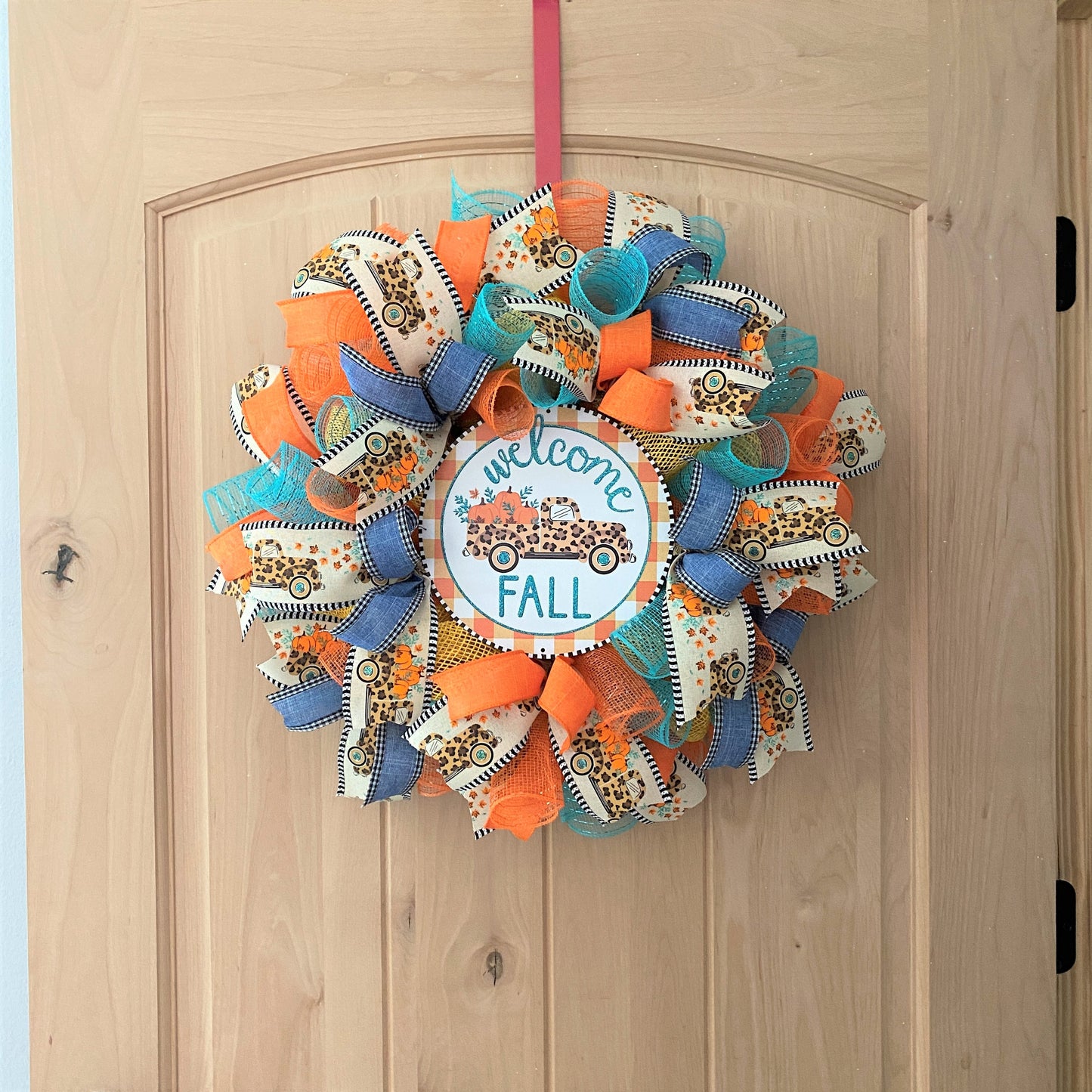 Fall Farm Truck, Welcome Wreath, Pumpkins, Leopard, Orange, Brown, Gold, Blue, Yellow, Small to Medium Size