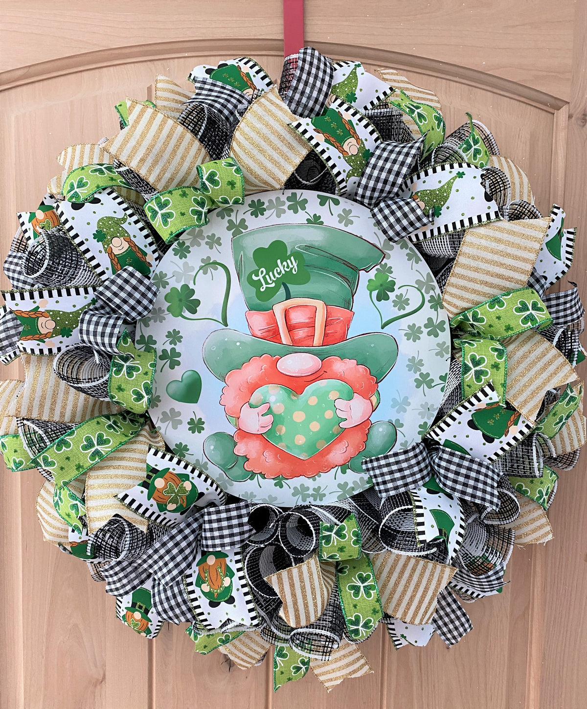 St. Patrick's Day, Wreath, Gnome, Lucky, Leprechaun, Shamrocks, Hearts, Glitter, Green, Gold, White, Black, Wired Ribbons, Large Size