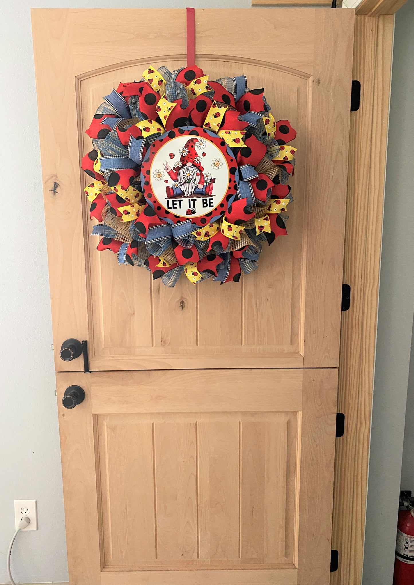 Gnome Ladybug, Let It Be, Deco Mesh Wreath, Red, Black, Blue, Yellow, Natural