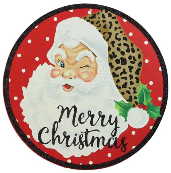 CBI Sign, 8" Diameter, Santa, Merry Christmas, Leopard, Black Glitter, Metal Sign, Pre Drilled Holes, Top and Bottom, MD0934