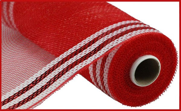 Border Stripe Mesh, Red And White, Metallic, 10" X 10 YD, RE850349