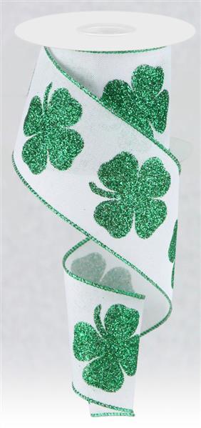 St. Patrick's Day Ribbon, Bold Clover On Royal, Wired Ribbon, Green, White, Glitter, 2.5" X 10 YD, RG0166127