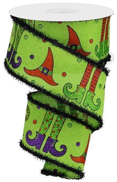 Wired Ribbon, Purple, Lime Green, Orange and Black / 2.5" X 10 yd / Witch Hat and Legs On Royal / RG8964E9