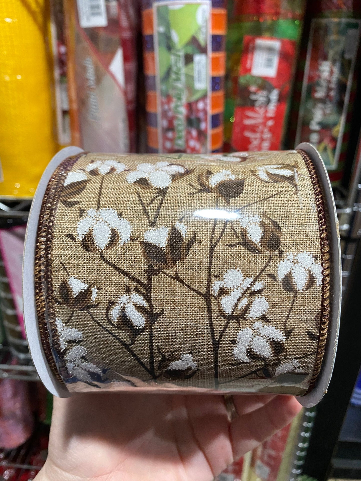 Wired Ribbon, Beige, Brown and White / 4" X 10 yd / Cotton Pods On Royal / RG0181001
