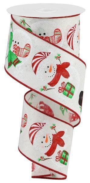 Snowman Wired Ribbon, Stocking, Tree, Ivory, White, Red, Green, Black, 2.5" X 10 YD, RGB111330