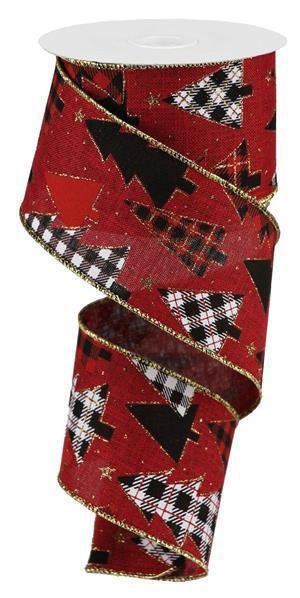 Plaid Trees, On Royal, Wired Ribbon, Christmas, Winter, Burgundy, Red, Gold, White, 2.5" X 10 YD, RGB105705