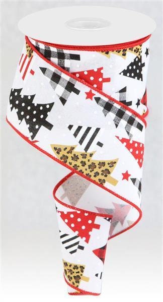Patterned Trees, On Royal, Wired Ribbon, Christmas, Winter, White, Red, Tan, Brown, Black, 2.5" X 10 YD, RGC175527