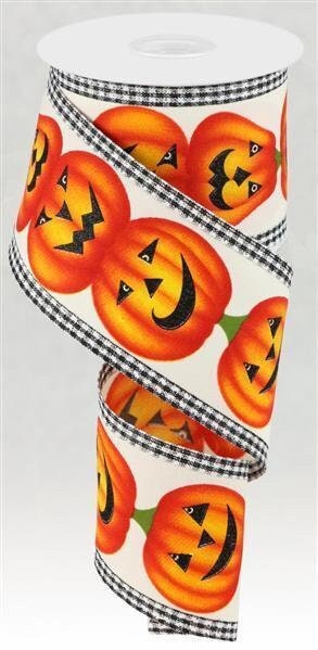 Jack-O-Lantern, Check Edge, Ivory, Orange, Yellow, Black, Green, 2.75" X 10YD, RGA808730