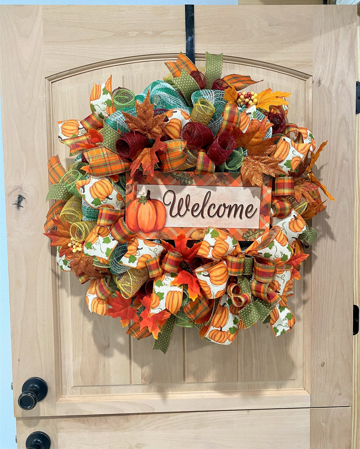 Welcome Fall Wreath, Deco Mesh & Fabric Mesh, Autumn, Pumpkins, Fall Leaves, Fall Plaid, Gold, Brown, Burgundy, Green, White, Cream
