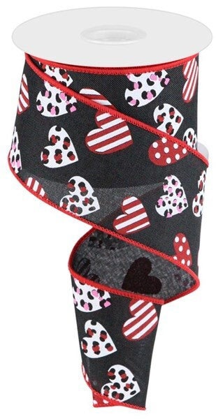 Valentine Ribbon, Multi, Leopard, Hearts, Black, Red, Pink, White, Wired, 2.5" X 10 YD, RGC177702