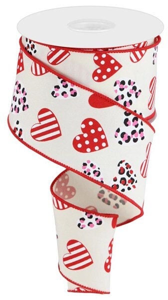 Valentine Ribbon, Multi, Leopard, Hearts, Ivory, Red, Pink, Black, Wired, 2.5" X 10 YD, RGC177730