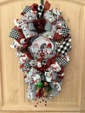 Gnome Door Swag, Merry Christmas, Black, and White Buffalo Plaid, Ribbon, and Evergreen Teardrop Swag.