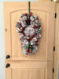 Gnome Door Swag, Merry Christmas, Black, and White Buffalo Plaid, Ribbon, and Evergreen Teardrop Swag.