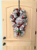 Gnome Door Swag, Merry Christmas, Black, and White Buffalo Plaid, Ribbon, and Evergreen Teardrop Swag.